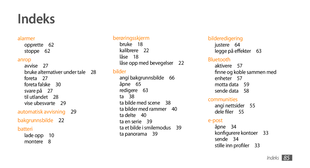 Samsung GT-B7722QKANEE, GT-B7722QKAXEE Indeks, Ta panorama , Angi nettsider 55 dele filer , Konfigurere kontoer 33 sende  